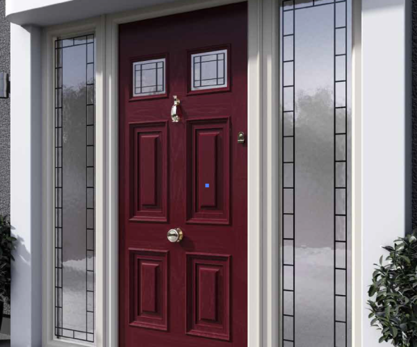 Composite Entrance door with Raised Panels and Patterned Glass side Lights